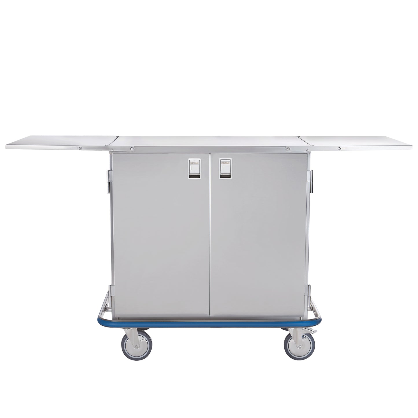 Blickman Multipurpose Case Cart with stainless steel body, two hinged doors, and foldable side shelves on four wheels.