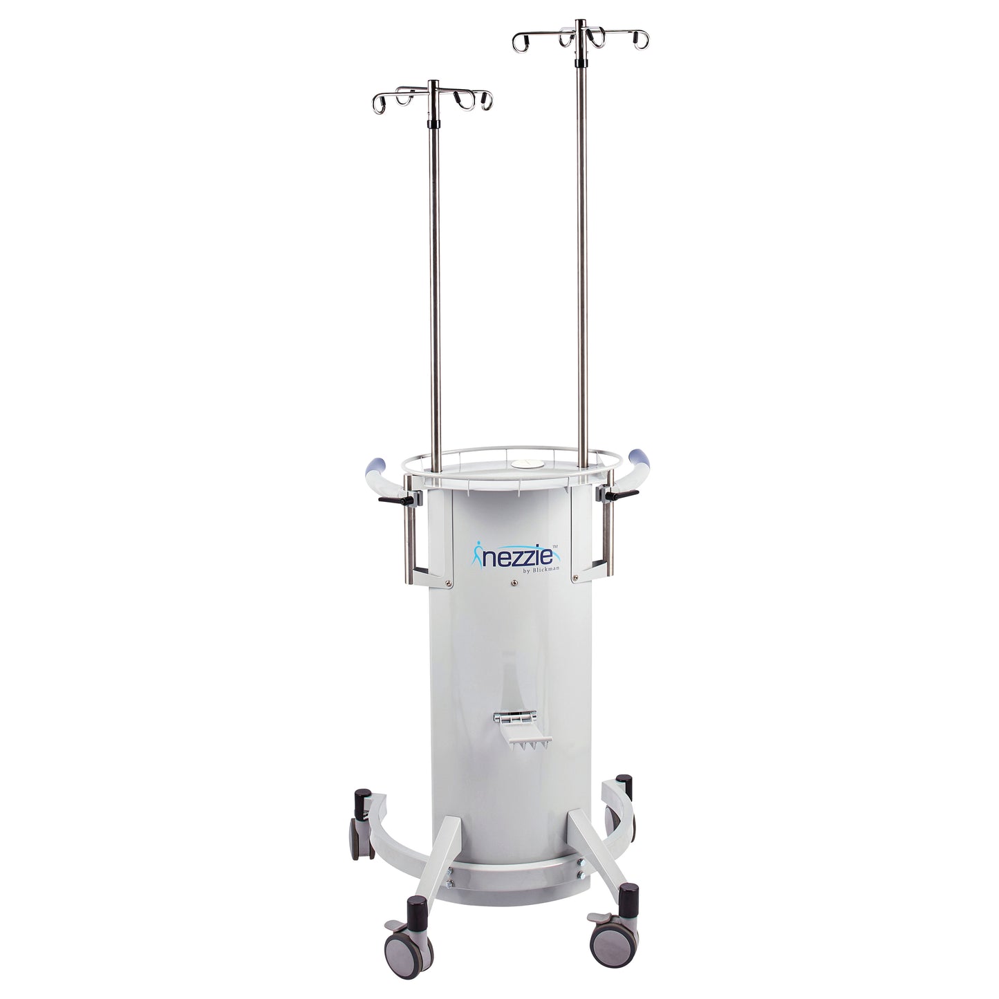 Blickman Nezzie Ambulation Device with two IV poles, a cylindrical base, handles, and wheels for patient mobility support.
