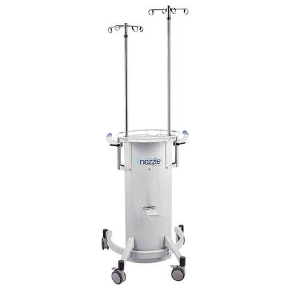 Blickman Nezzie Ambulation Device with two IV poles, a cylindrical base, handles, and wheels for patient mobility support.
