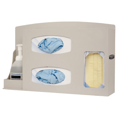 The Bowman ABS Mini Isolation Station holds blue gloves, yellow gowns, and a hand sanitizer dispenser, all in one unit.