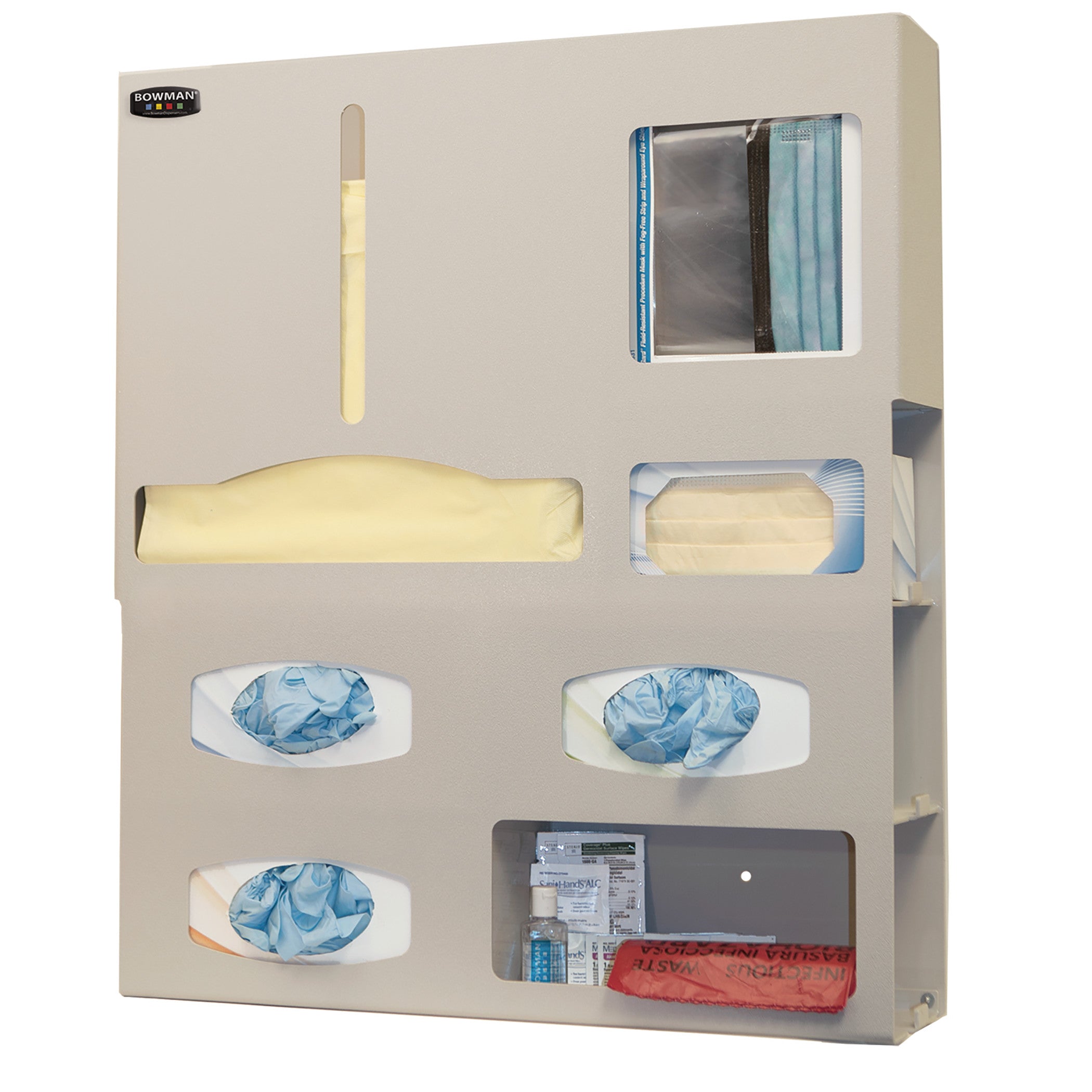 Bowman Tri-Glove Single-Gown ABS Isolation Station with compartments for gloves, gowns, masks, hand sanitizer, and supplies.