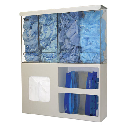 The Bowman Quad Bulk ABS Isolation Station holds blue disposable gowns, face shields, and hairnets in a wall-mounted dispenser.