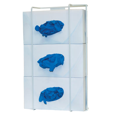 Bowman Wire Triple Glove Box Dispenser holding three boxes of blue gloves, with each box having a glove protruding from an opening.