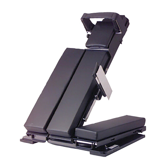 The Orthopedic Beach Chair Positioner System is a black medical device used to support patients during surgical procedures.