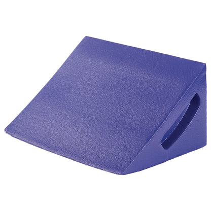 The image displays a blue AliMed Tuff-Coat Wedge Positioner with Handles, featuring a textured surface and a triangular shape.