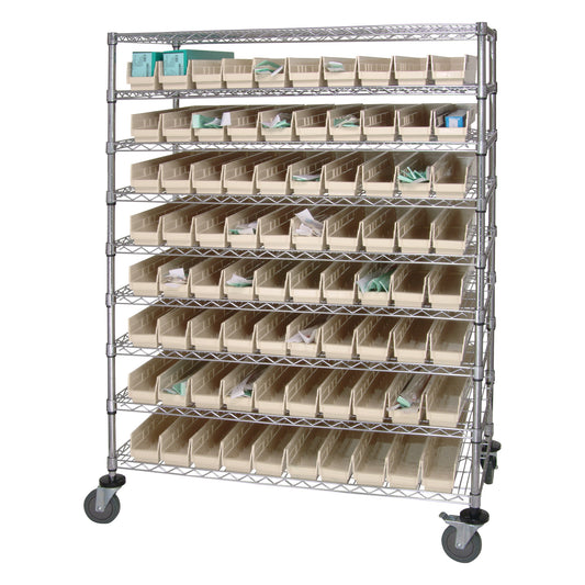 Quantum Storage Catheter Cart with Clear Bins on wheels, featuring multiple shelves with compartmentalized plastic bins.