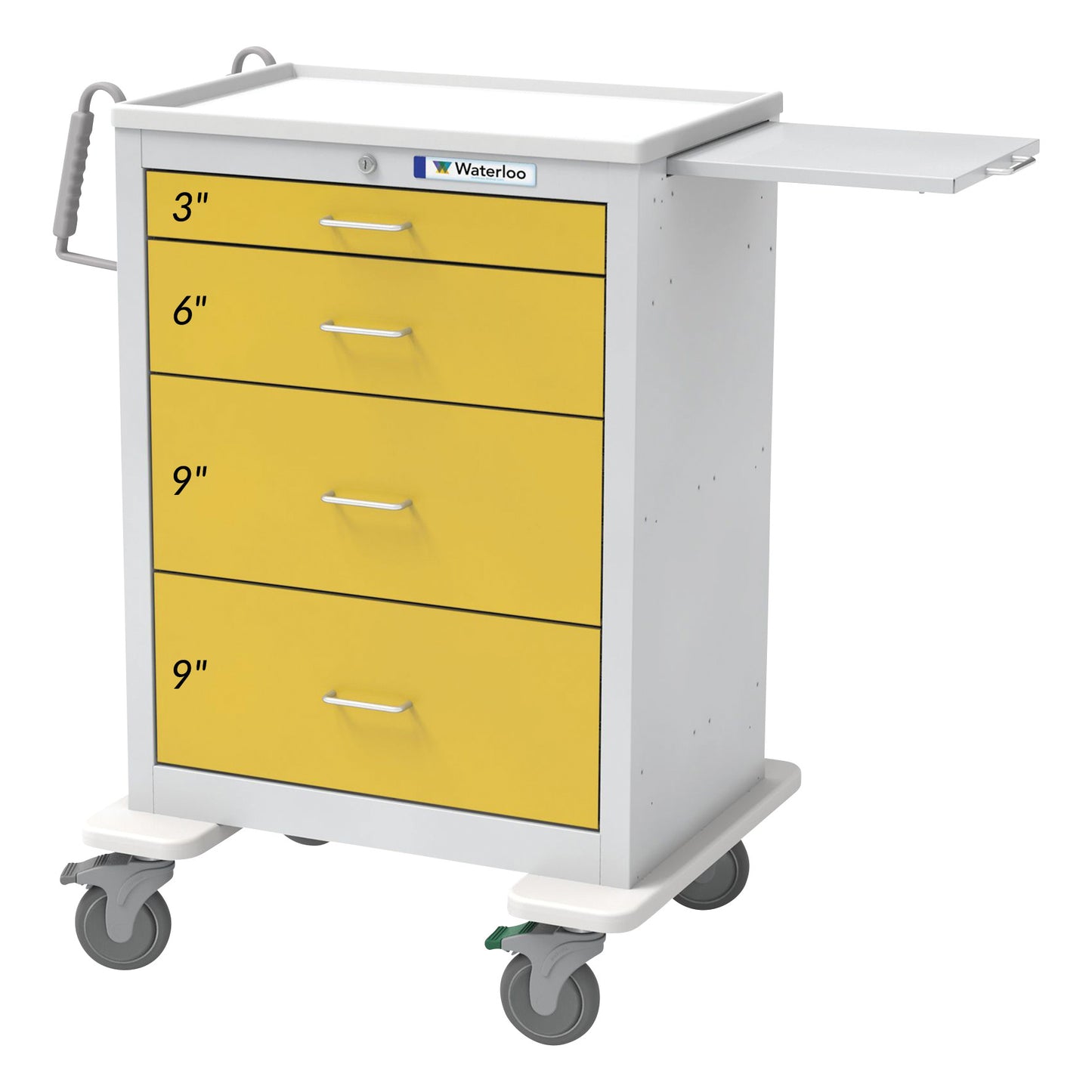 Waterloo Healthcare 4-Drawer Tall Isolation Cart with Key Lock has yellow drawers labeled 3", 6", and 9", with swivel wheels and a side handle.
