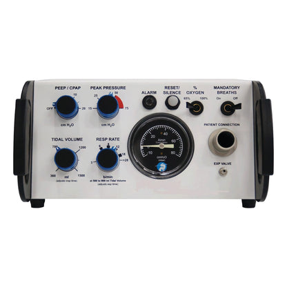 The MRI Ventilator control panel displays various settings with dials for PEEP, peak pressure, tidal volume, and respiratory rate.
