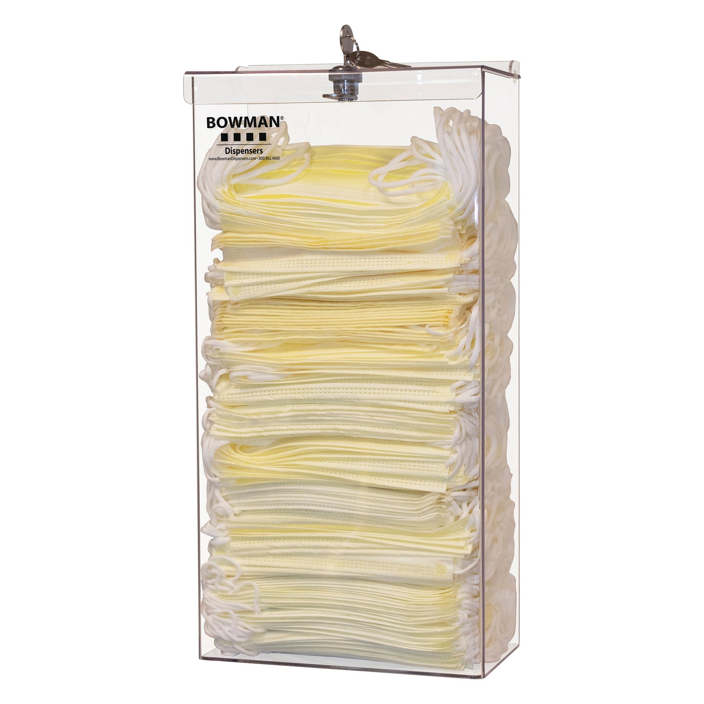 A clear Bulk Face Mask Dispenser for Bowman Dual-Sided Floor Stand filled with neatly stacked yellow masks, featuring a top-opening lid.