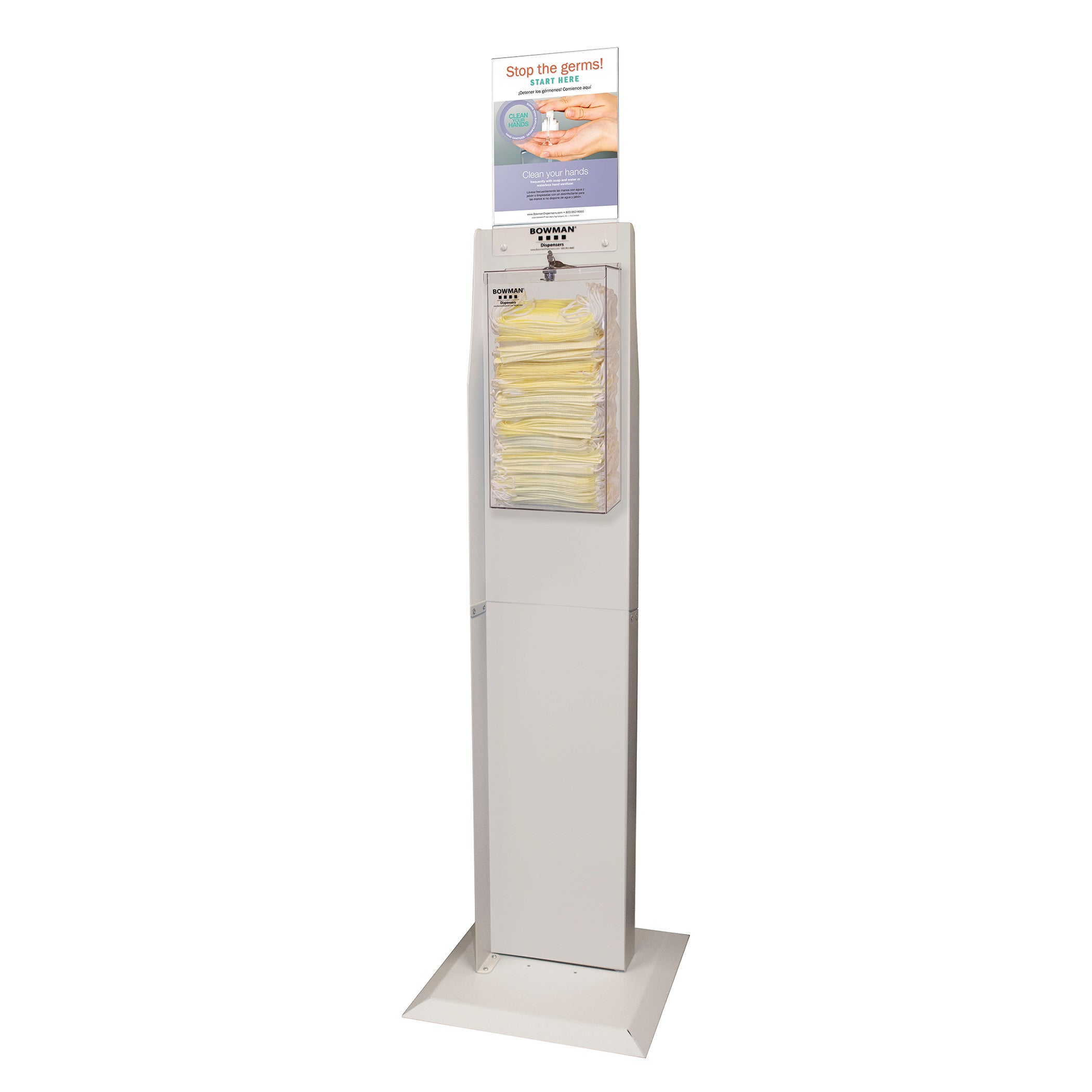 The Bulk Face Mask Dispenser for Bowman Dual-Sided Floor Stand holds yellow masks with a hygiene sign on top.