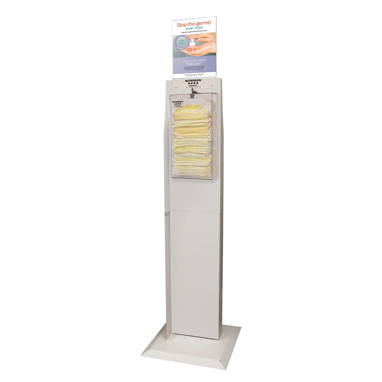 The Bulk Face Mask Dispenser for Bowman Dual-Sided Floor Stand holds yellow masks with a hygiene sign on top.