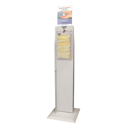 The Bulk Face Mask Dispenser for Bowman Dual-Sided Floor Stand holds yellow masks with a hygiene sign on top.