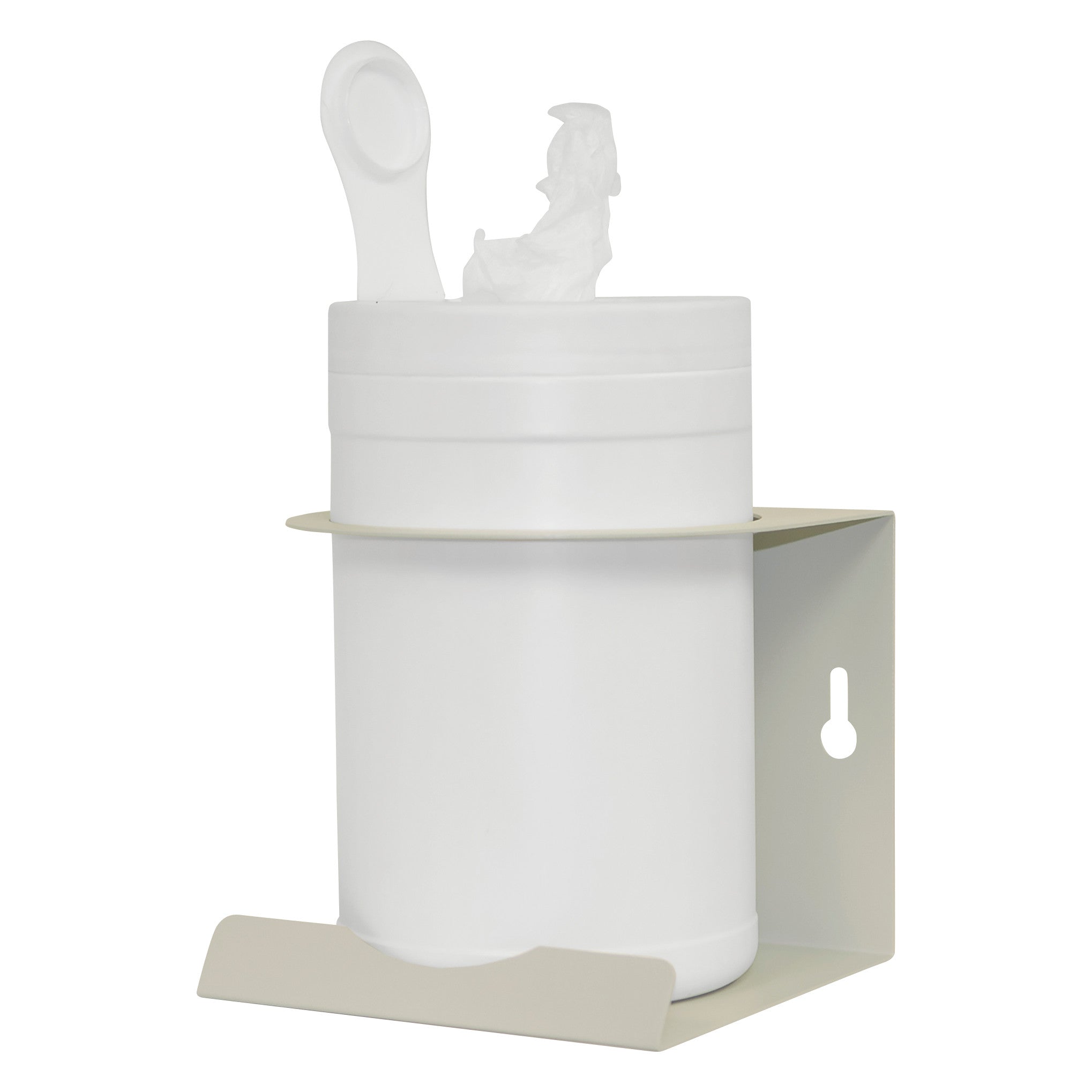 A white plastic wipes dispenser is mounted on a beige wall bracket. It's designed for the Bowman Dual-Sided Floor Stand.