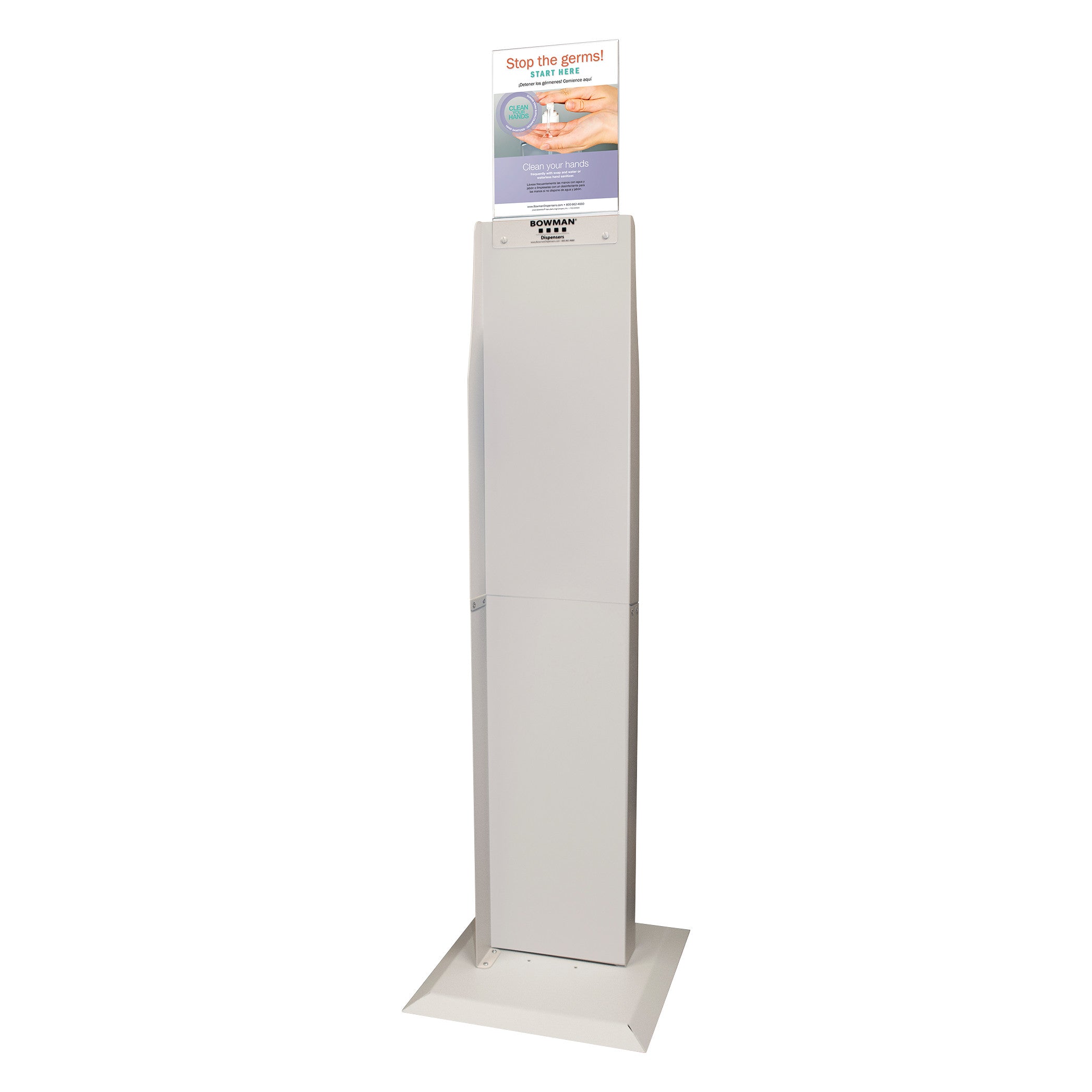 A Bowman Dual-Sided Floor Stand with a sign on top reading "Stop the germs! Clean your hands" in a healthcare setting.