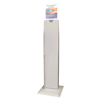 A Bowman Dual-Sided Floor Stand with a sign on top reading "Stop the germs! Clean your hands" in a healthcare setting.
