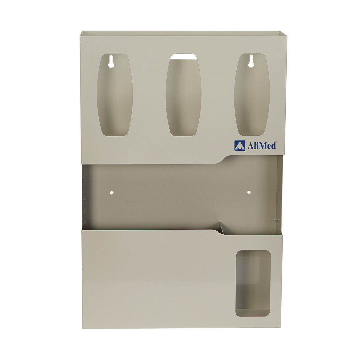 AliMed Isolation Station with beige compartments for storing medical supplies, featuring three vertical slots and a pocket below.