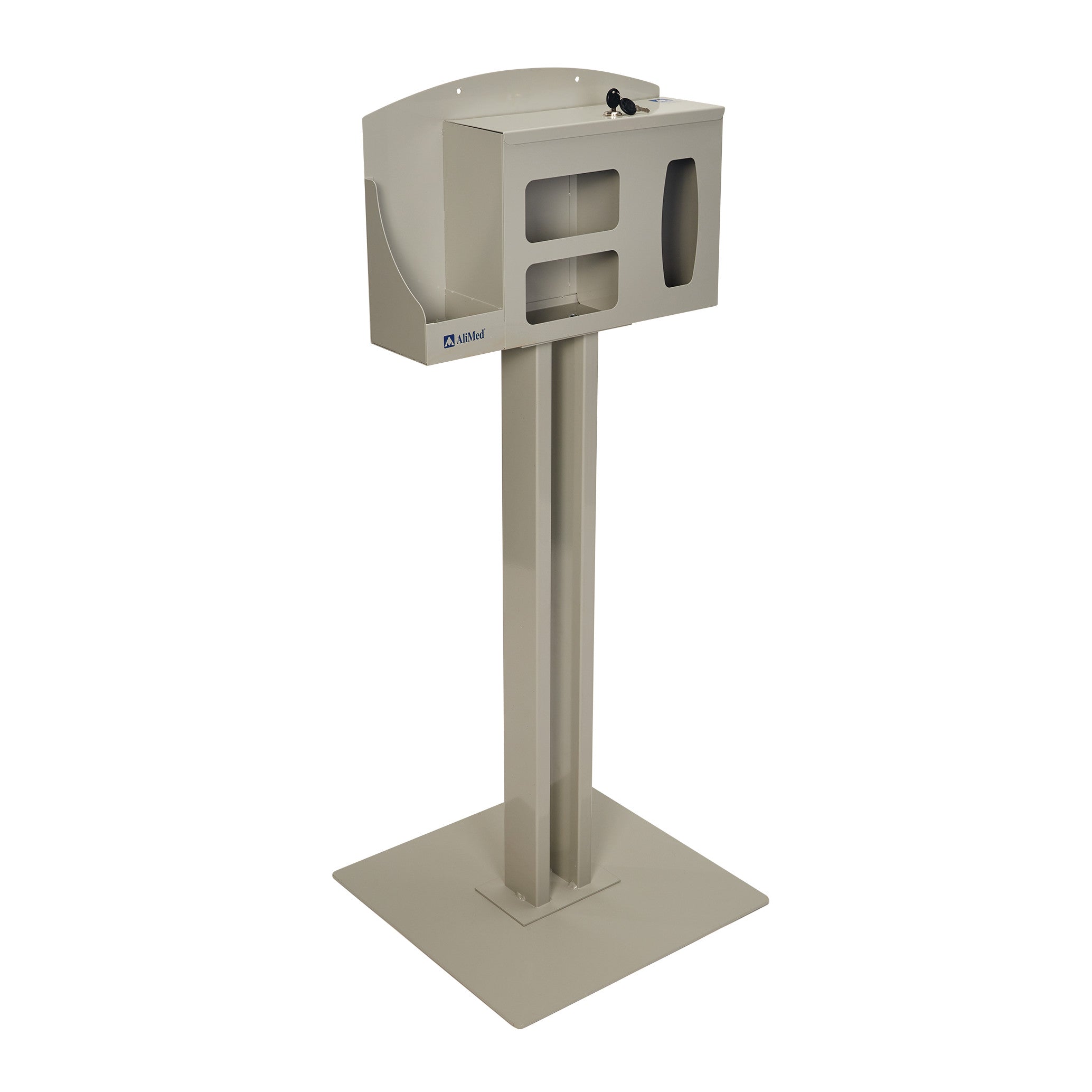 AliMed Infection Prevention Station is a freestanding unit with compartments for sanitary items and a base for stability.