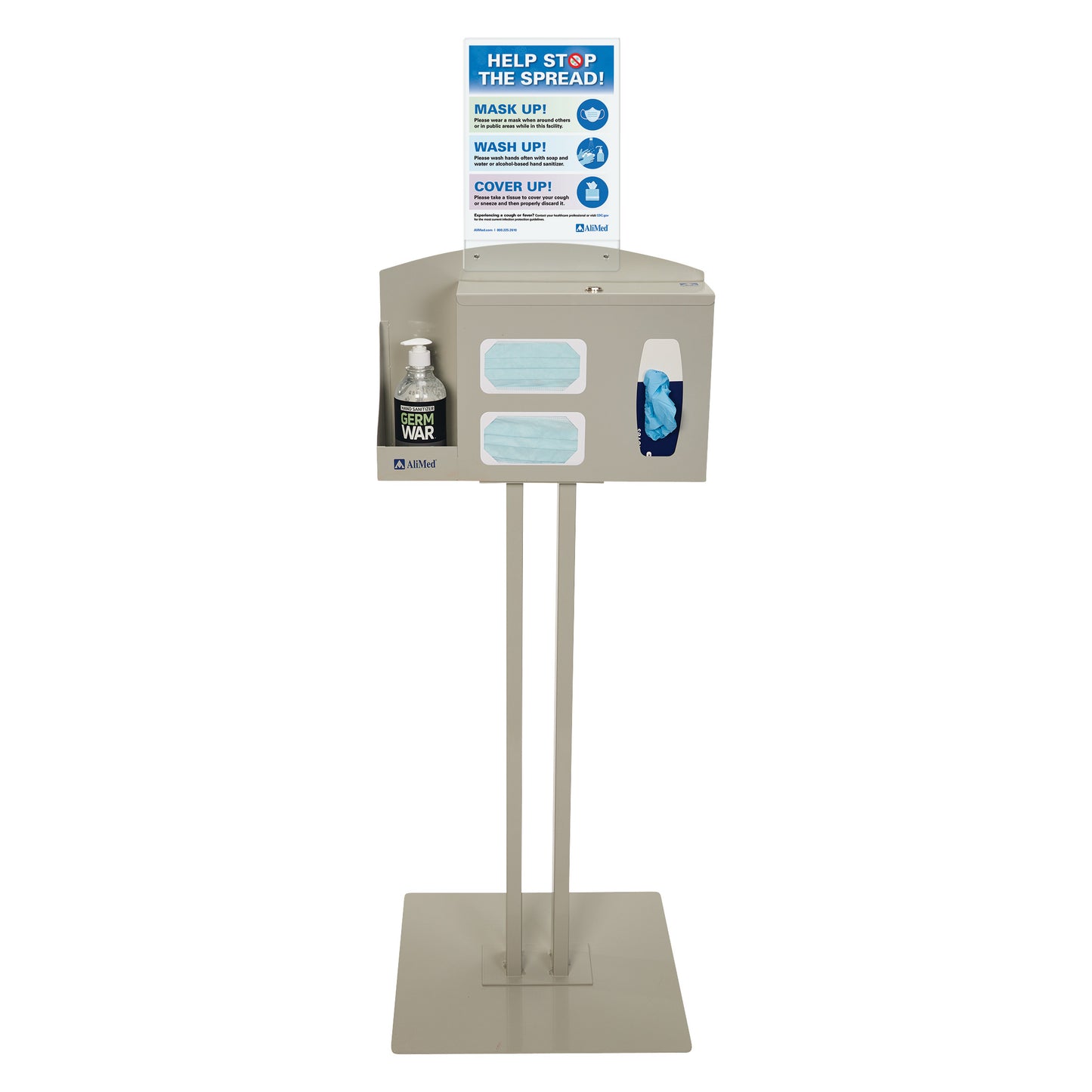 AliMed Infection Prevention Station includes a sanitizer bottle, face masks, gloves, and a sign promoting hygiene practices.