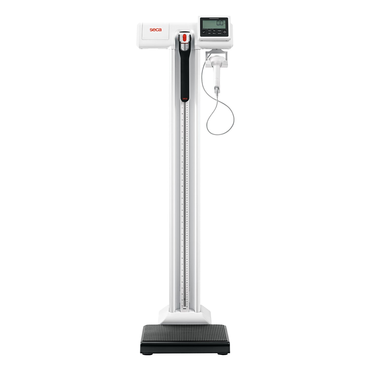 seca 797 Column Scale with height rod, large digital display, and attached cable, used for measuring weight and height.