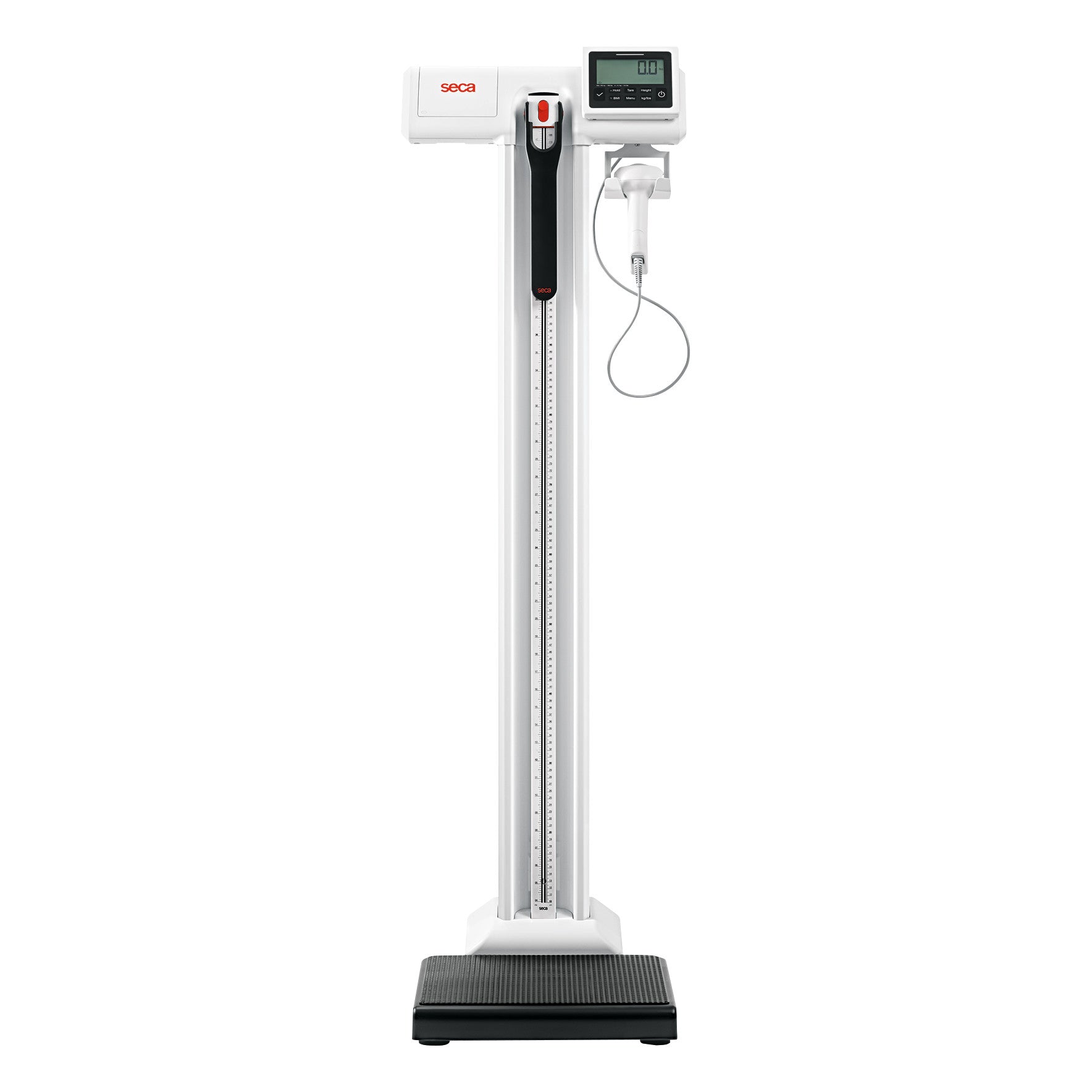 seca 797 Column Scale with height rod, large digital display, and attached cable, used for measuring weight and height.
