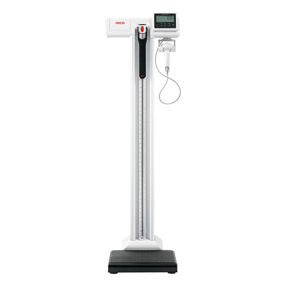 seca 797 Column Scale with height rod, large digital display, and attached cable, used for measuring weight and height.