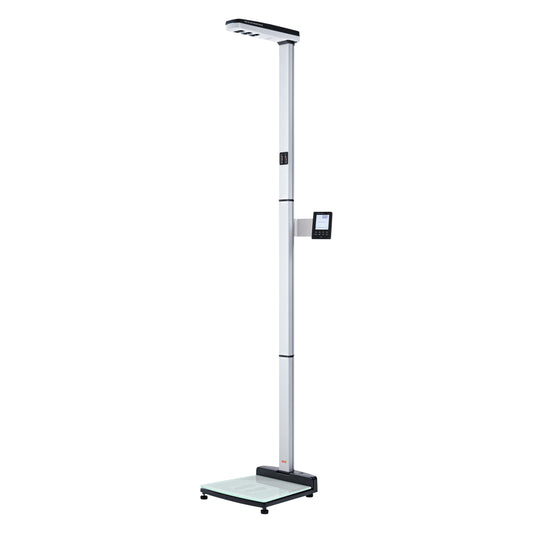 The seca 286 Ultrasonic Measuring Station is a tall, vertical device with a digital display and platform for height and weight measurement.