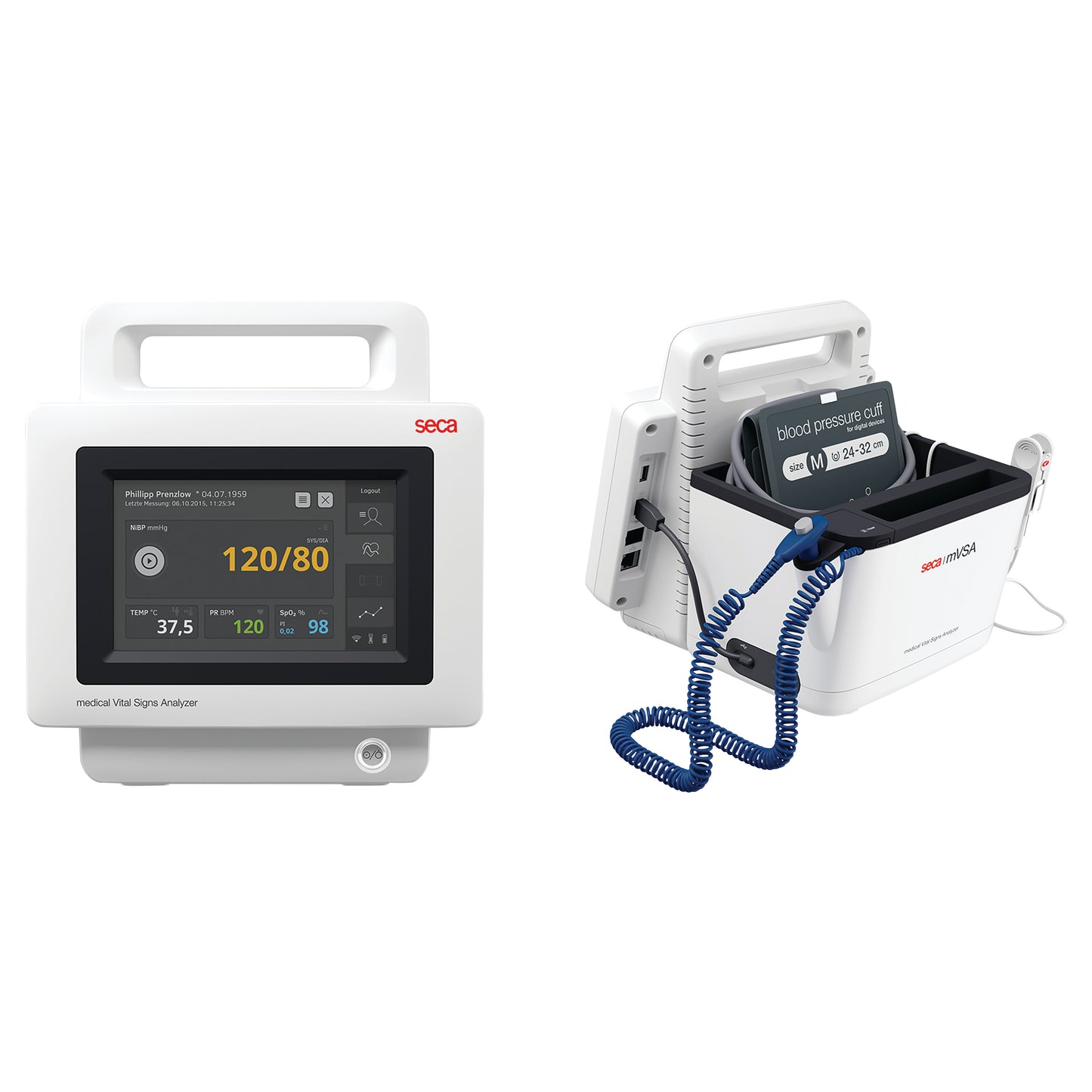 seca 535 Spot-Check Vital Signs Monitor showing blood pressure results, with a connected cuff and coiled tubing on the side.