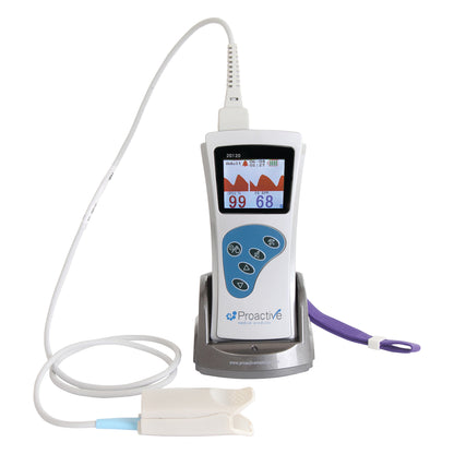 Protekt Deluxe Rechargeable Handheld Pulse Oximeter with display and finger clip sensor attached, showing readings on screen.