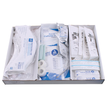 Drawer Refill Kit for Emergency Medical Carts: Pediatric Intubation Supplies, including catheters, tubes, syringes, and tape, organized in a box.
