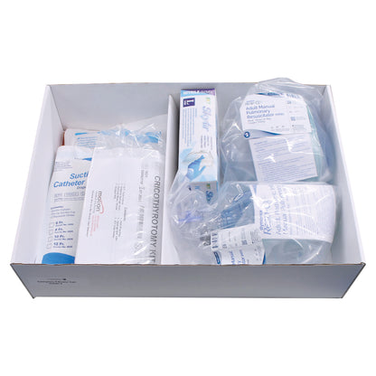 Drawer Refill Kit for Emergency Medical Carts: Additional Supplies includes suction catheter, gloves, resuscitator, and tracheotomy kit.