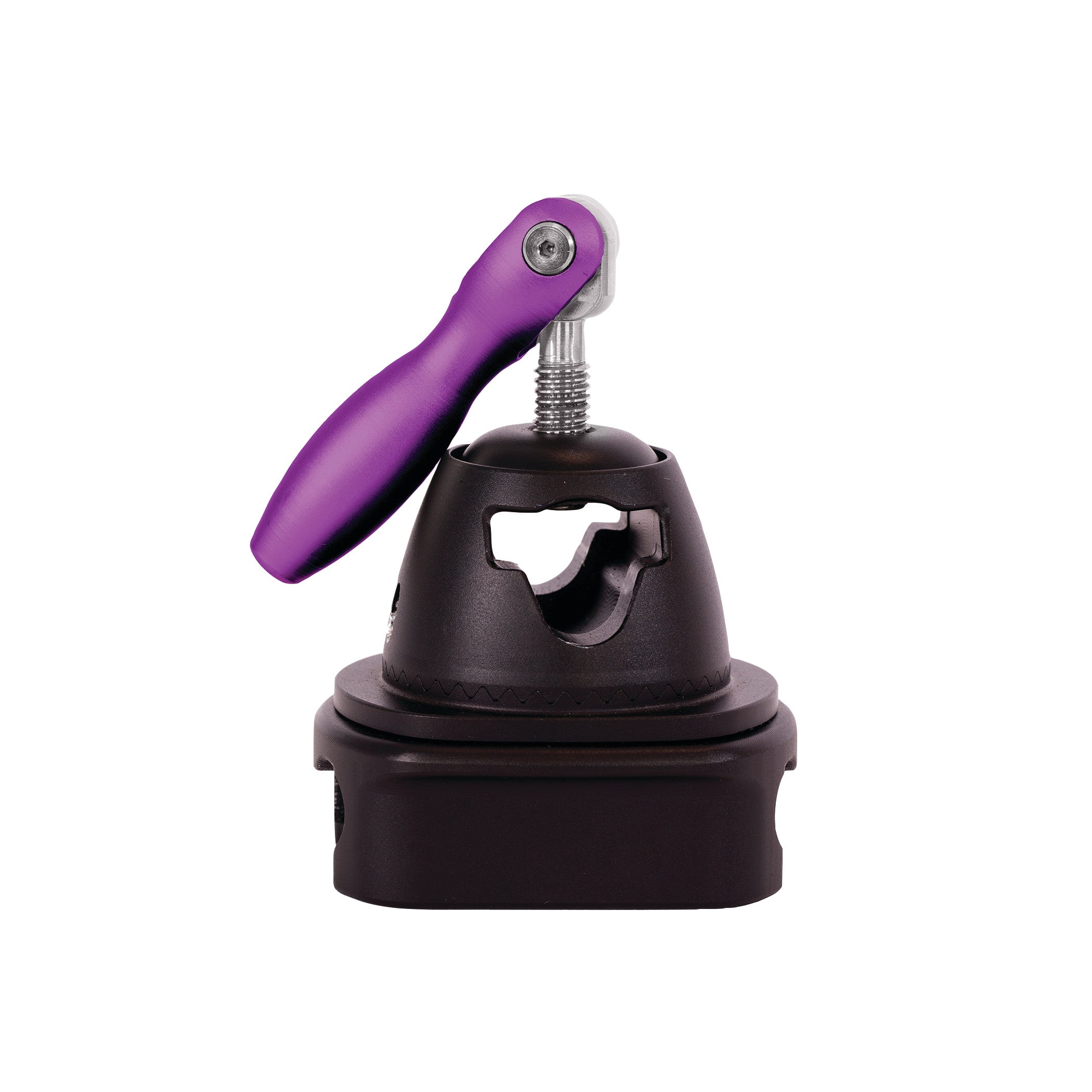 KYRA Round Post Clamp with a black base and a purple lever, used for securing round posts, is shown against a white background.