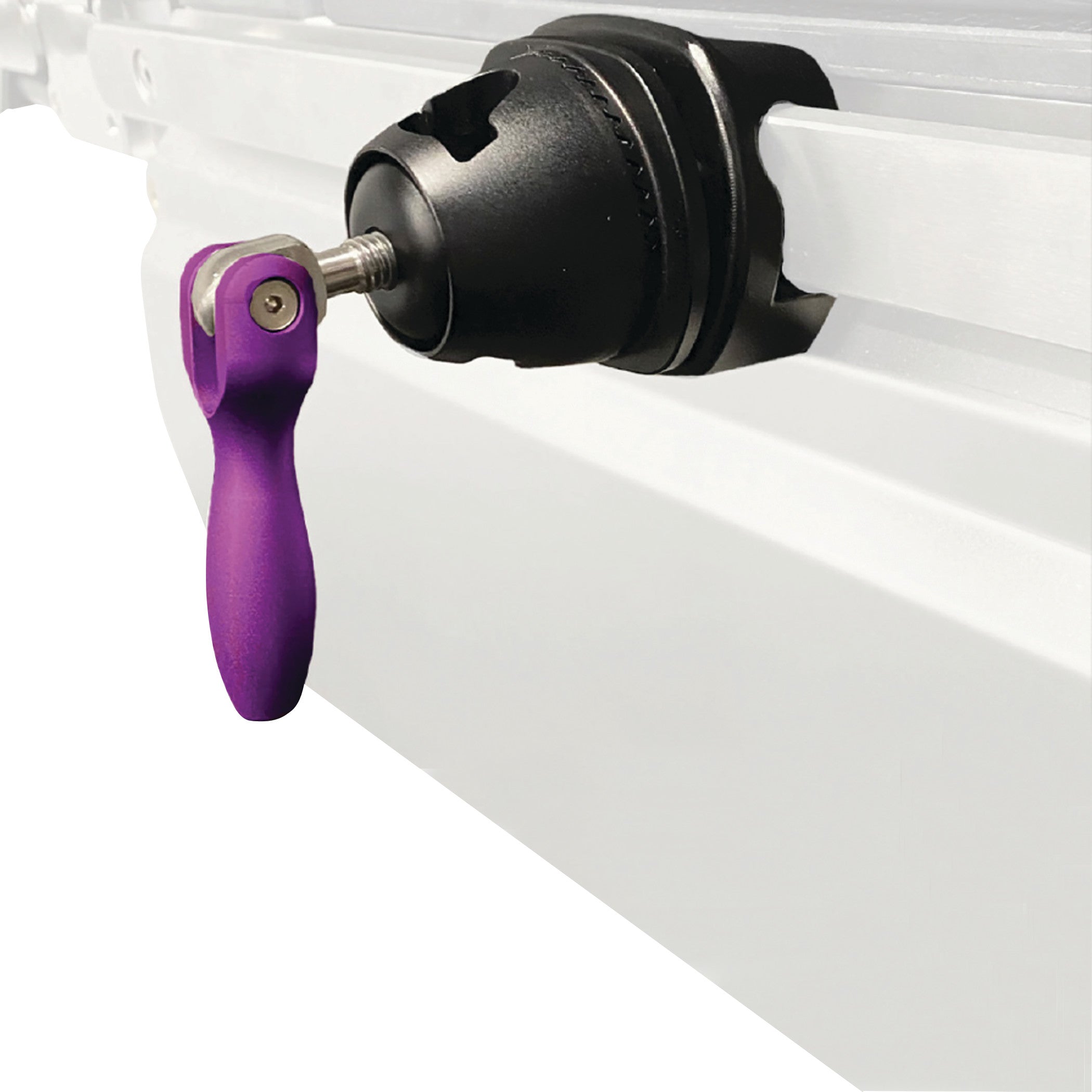 KYRA Round Post Clamp attached to a metal rail with a purple handle, designed for secure and adjustable positioning.