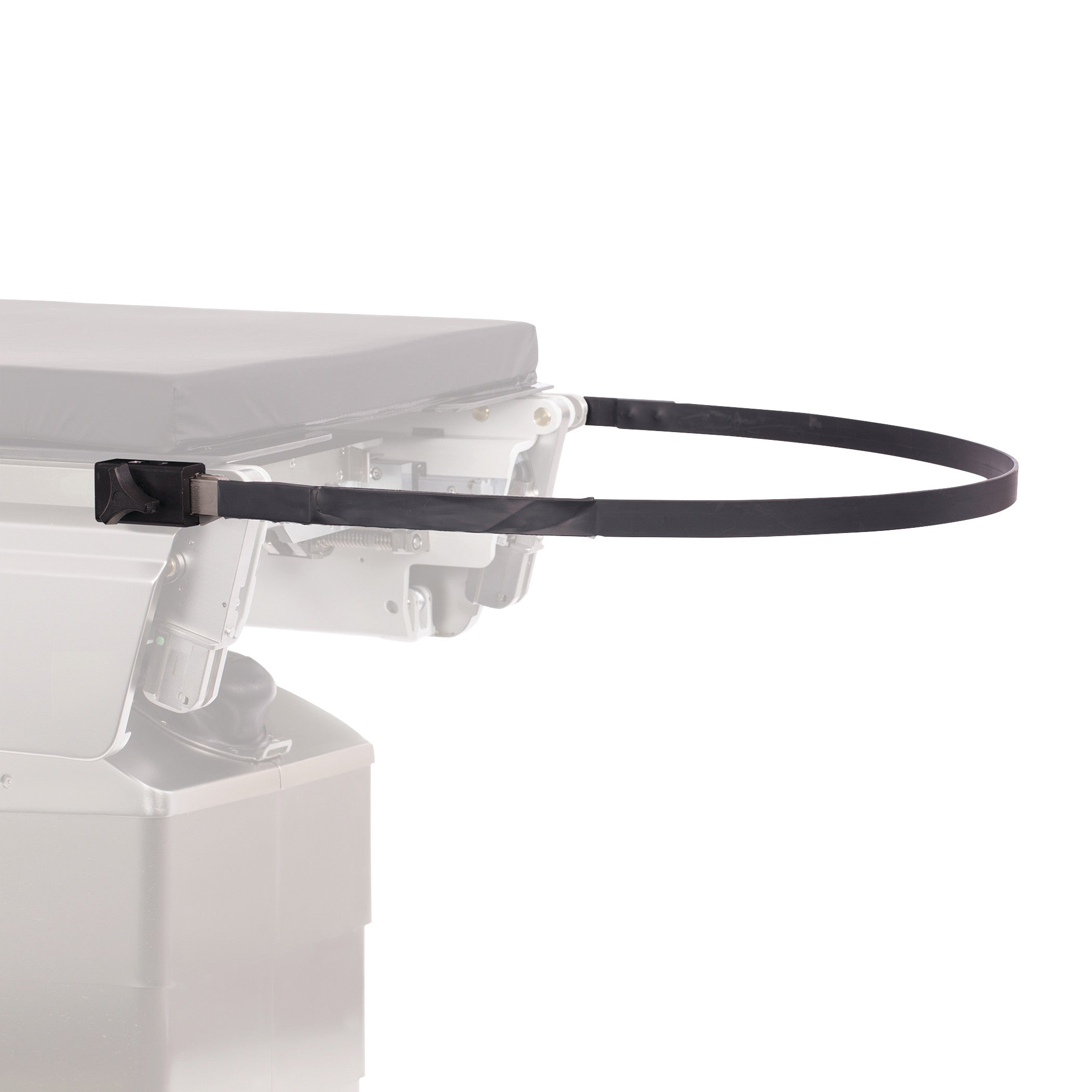 KYRA Urology Attachment Band with Table Clamps is shown attached to a medical table, featuring an adjustable black strap.