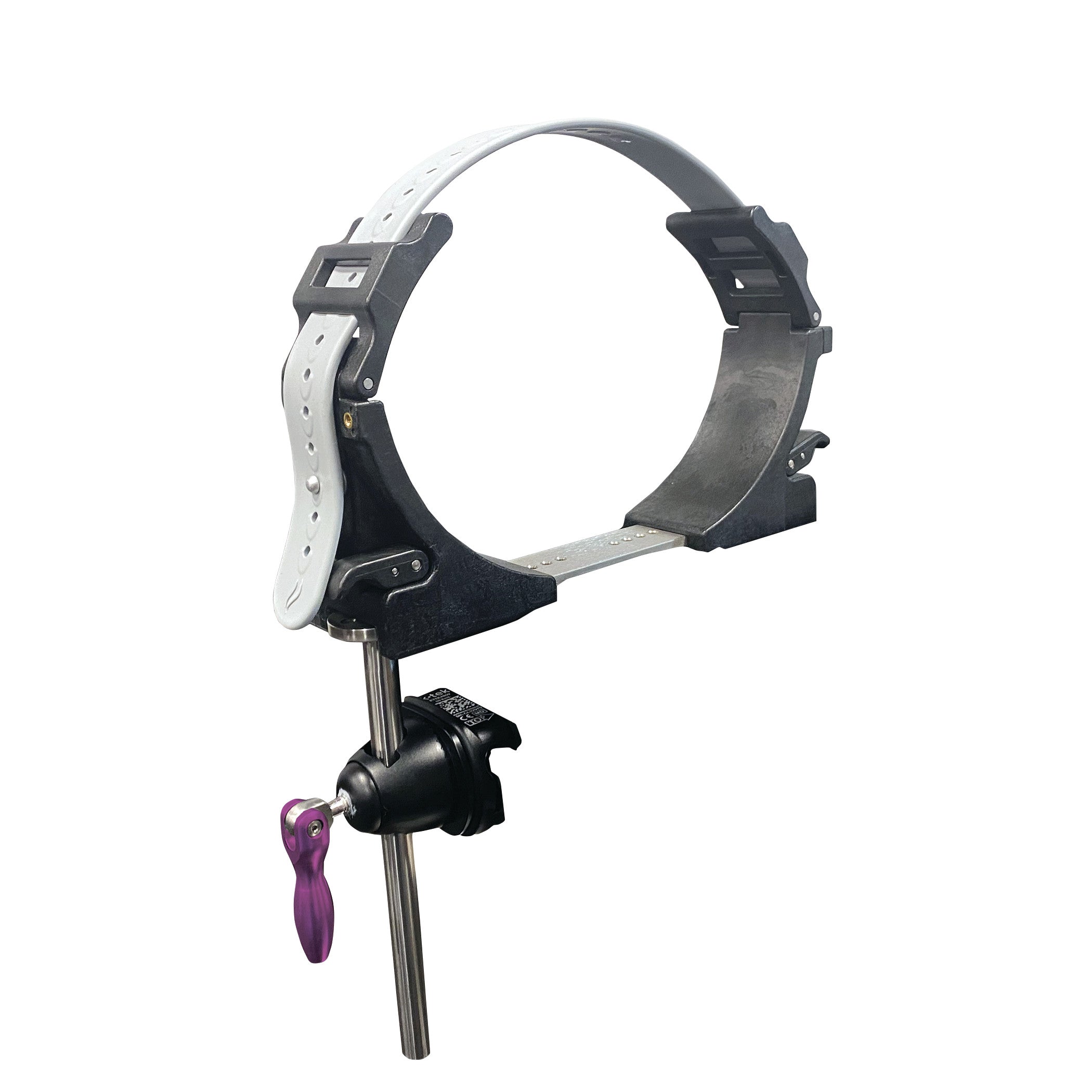 The KYRA Arthroscopic Leg Holder is a medical device with a circular frame, adjustable straps, and a locking mechanism on a metal rod.
