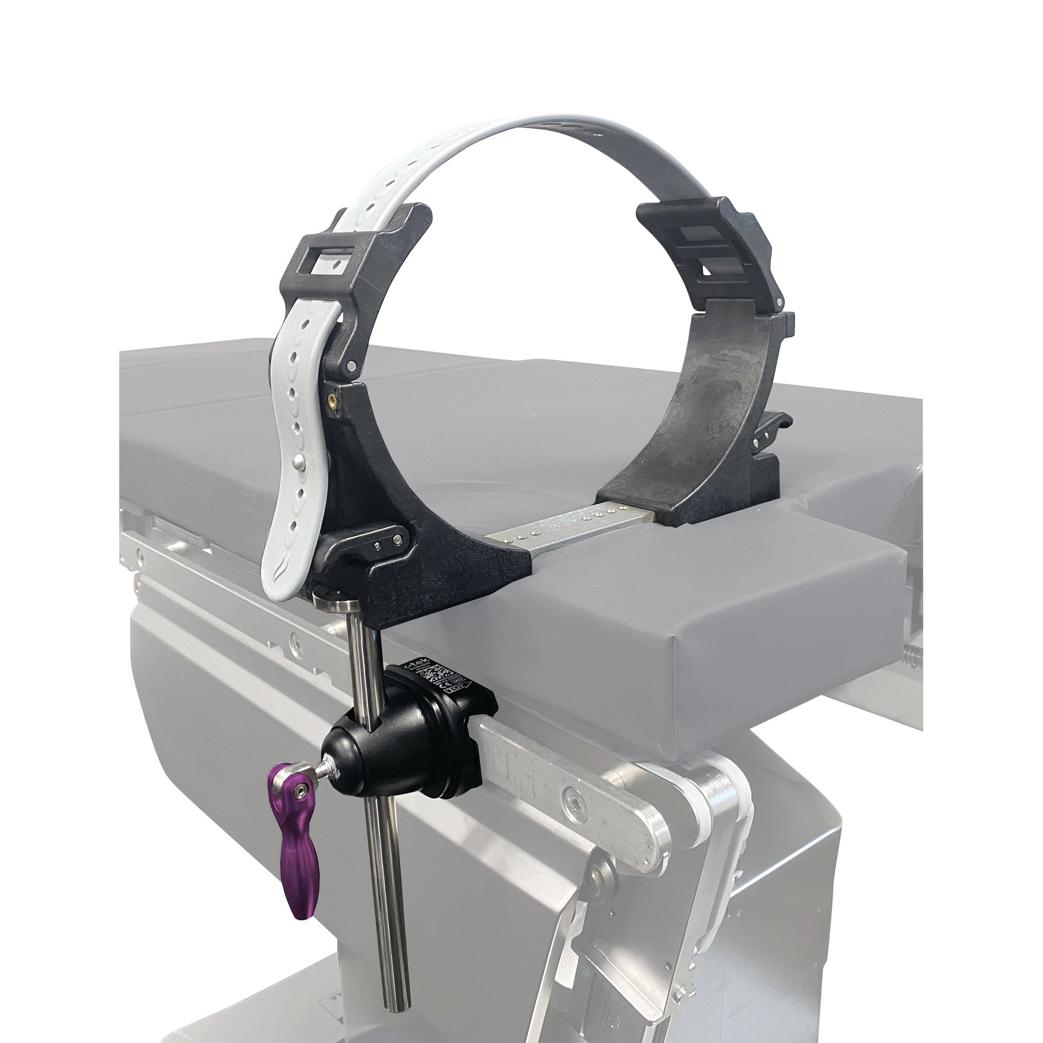The KYRA Arthroscopic Leg Holder is mounted on a surgical table, featuring a large adjustable strap and a purple locking lever.