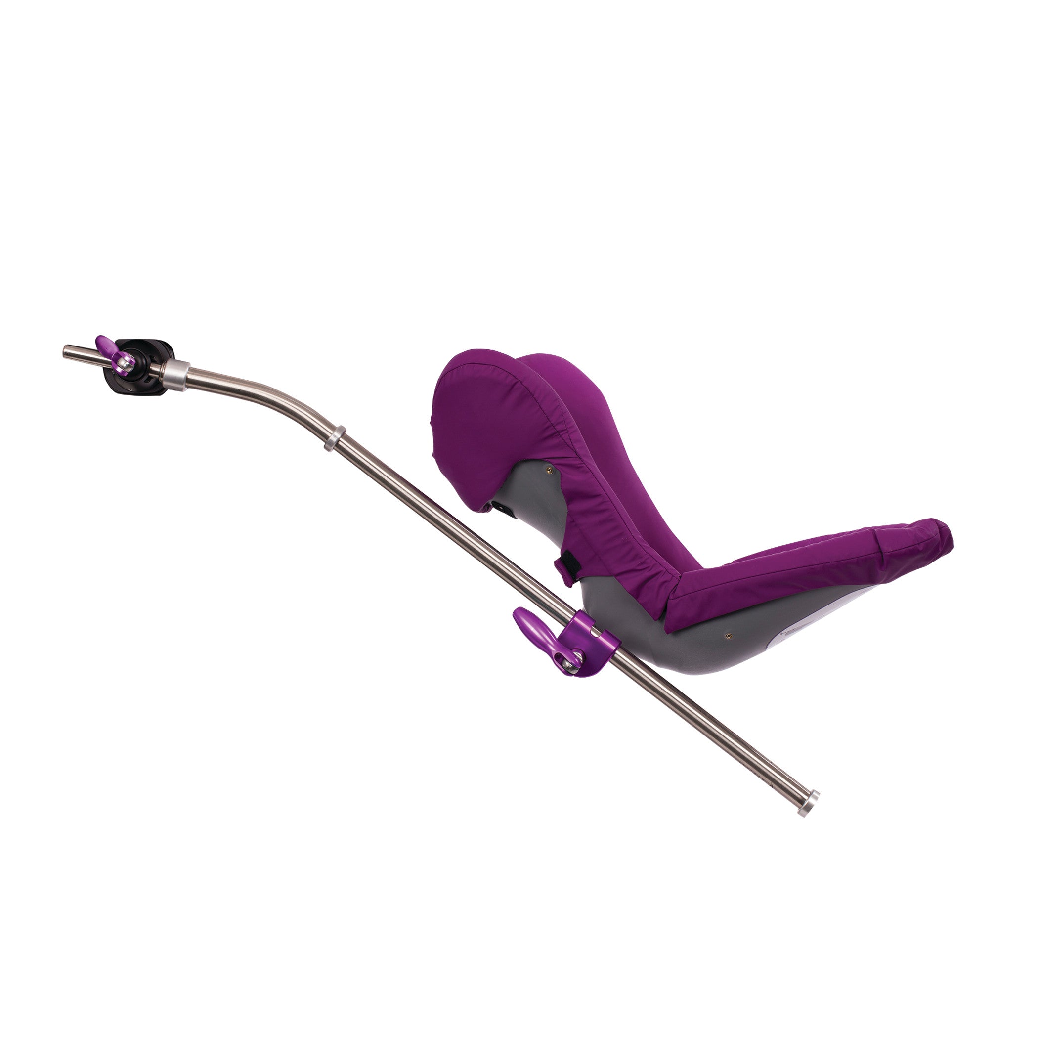 KYRA Well Leg Holder with a purple cover is attached to a silver support bar, designed for medical leg positioning.