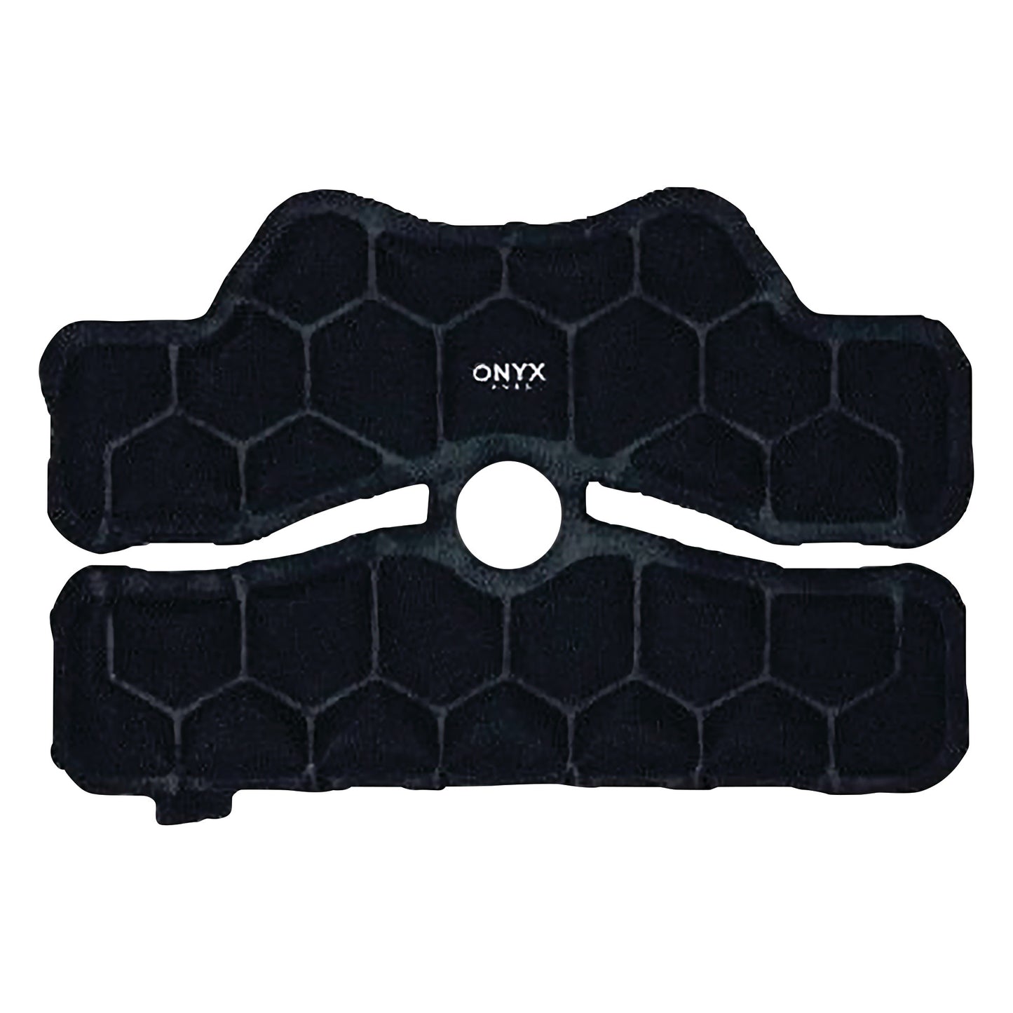 The Xena Therapies Onyx Cool Knee pad features a black hexagonal-patterned design with a central hole and is used for cooling therapy.