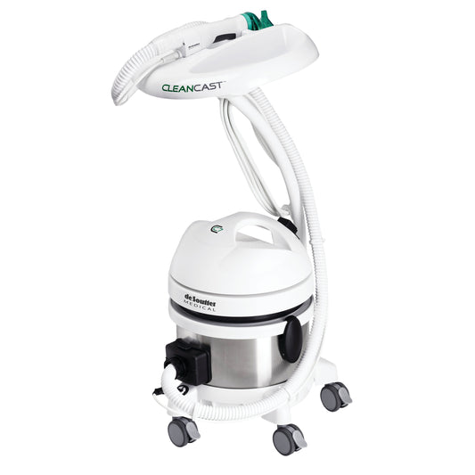 The DeSoutter CleanCast CC7 Electric Cast Saw and Dust Extraction System featuring hoses, a wheeled base, and a handle on top.