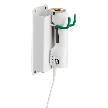 The DeSoutter CleanCast CC7 Electric Cast Saw and Dust Extraction System is wall-mounted, featuring a white handle and green accents.