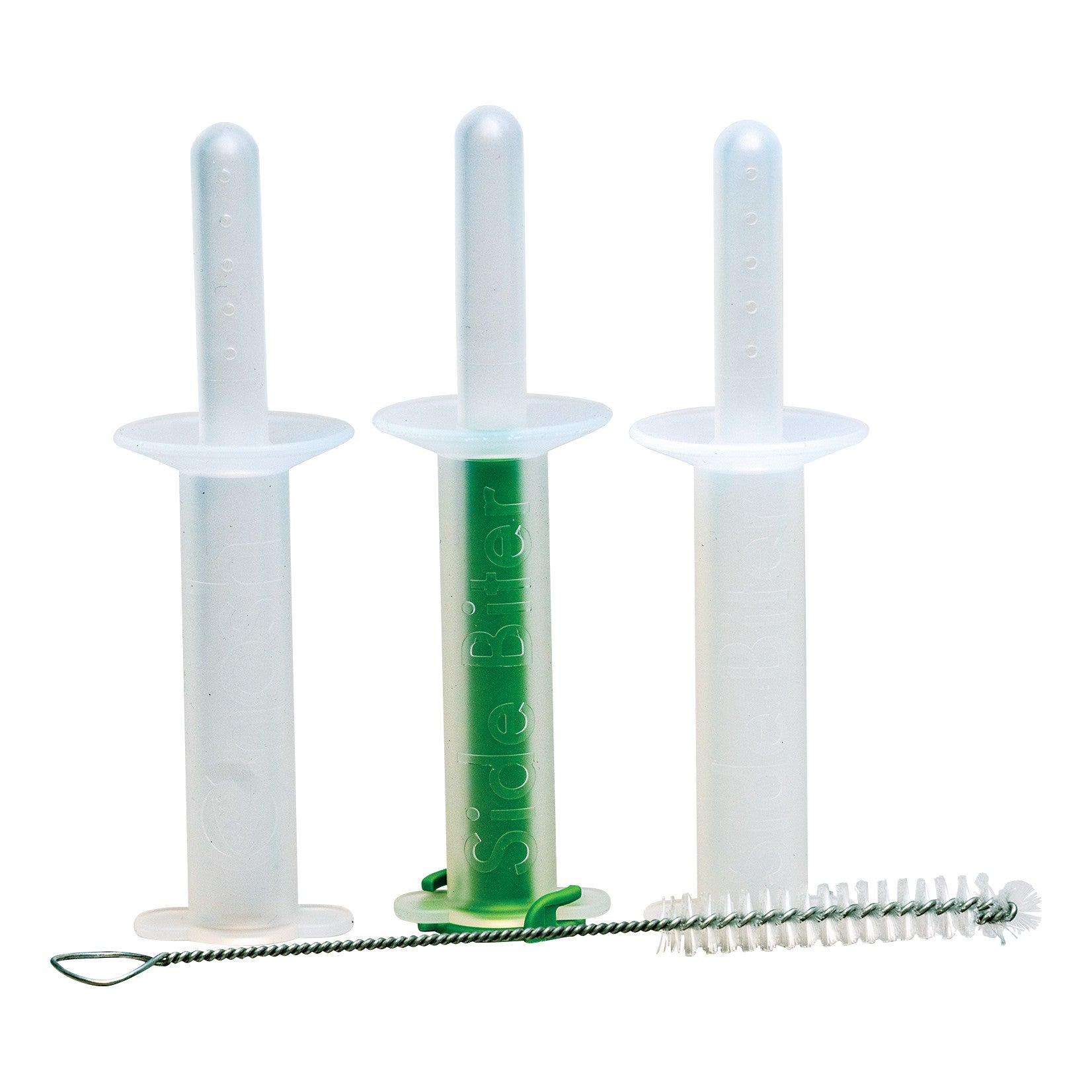 Three cylindrical tools from The Side Biter Chewing and Swallowing Therapy System, with a cleaning brush included.
