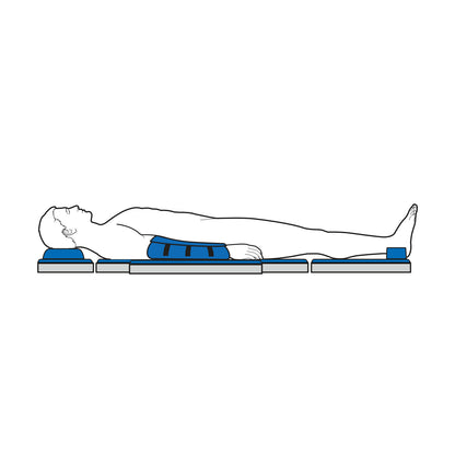 Illustration of a person using the AliMed AliBlue Gel Select Positioning Set, with gel pads supporting the head, arms, and legs.