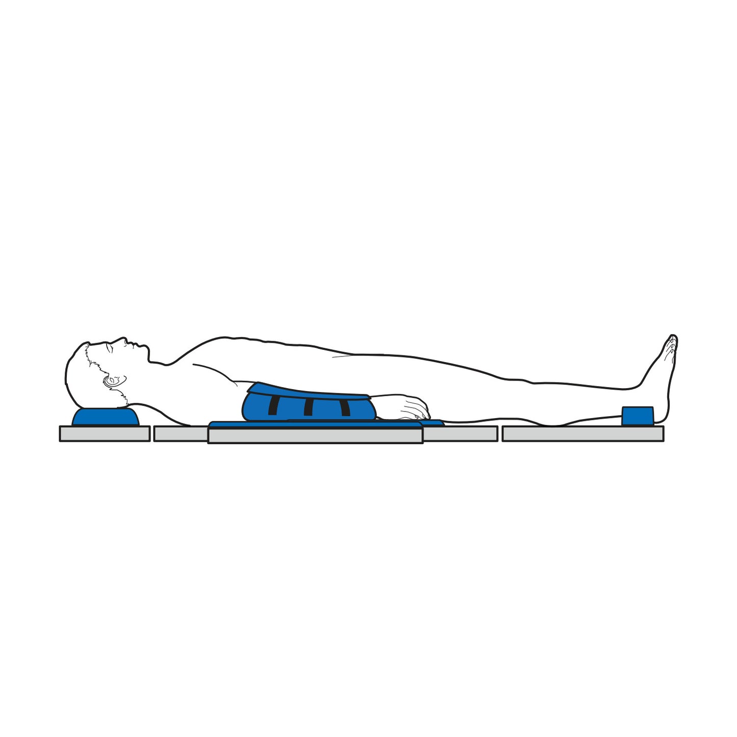 A person lies on a flat surface, supported by the AliMed AliBlue Gel Basic Positioning Set under the neck, pelvis, and feet.