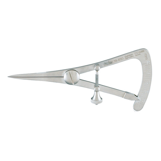 Miltex Castroviejo Calipers, made of stainless steel, featuring a screw for fine adjustments and measurement markings on the side.