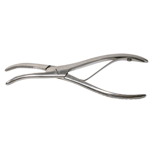 The Wolf-Boehler Cast Breaker is a metal medical tool with serrated jaws and handles designed for removing casts.