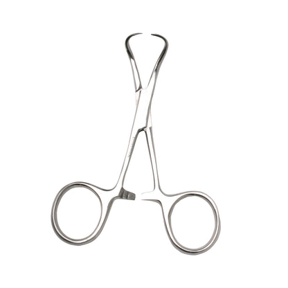A stainless steel Backhaus Towel Clamp with curved, pointed tips and finger rings, used for securing drapes during surgical procedures.