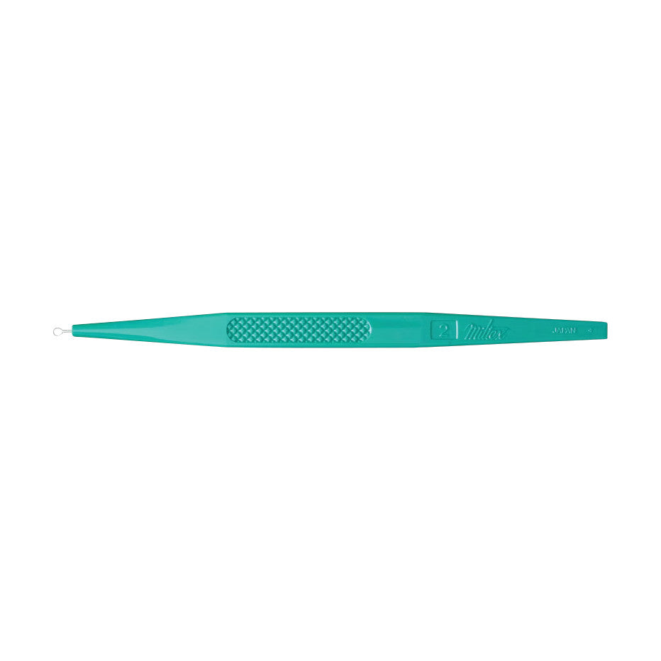A teal Miltex Disposable Dermal Curette with a textured grip and a small metal loop at the tip, designed for medical use.