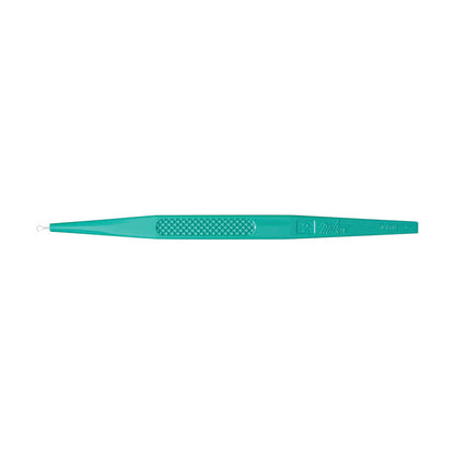 A teal Miltex Disposable Dermal Curette with a textured grip and a small metal loop at the tip, designed for medical use.