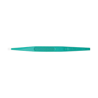 A teal Miltex Disposable Dermal Curette with a slender design, featuring a textured grip and a small loop at one end.