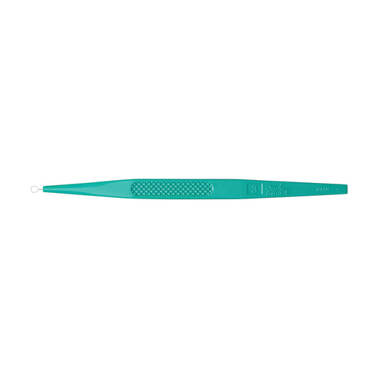 A teal Miltex Disposable Dermal Curette with a slender design, featuring a textured grip and a small loop at one end.