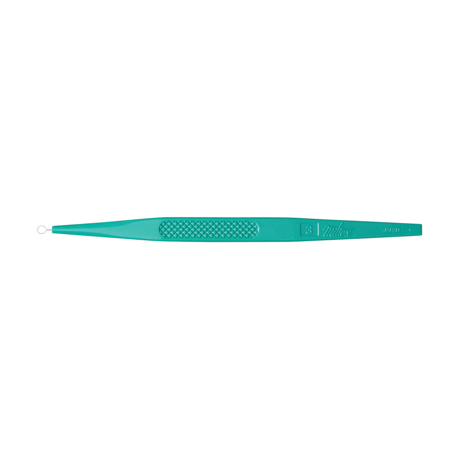 A teal Miltex Disposable Dermal Curette with a slender design, featuring a textured grip and a small loop at one end.